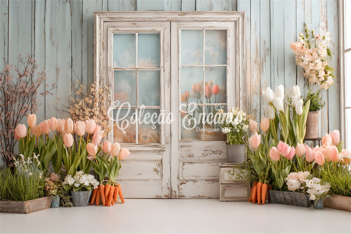 Easter Tulip Backdrop Vintage Window Garden Charm Easter Photography Backdrops By Magali