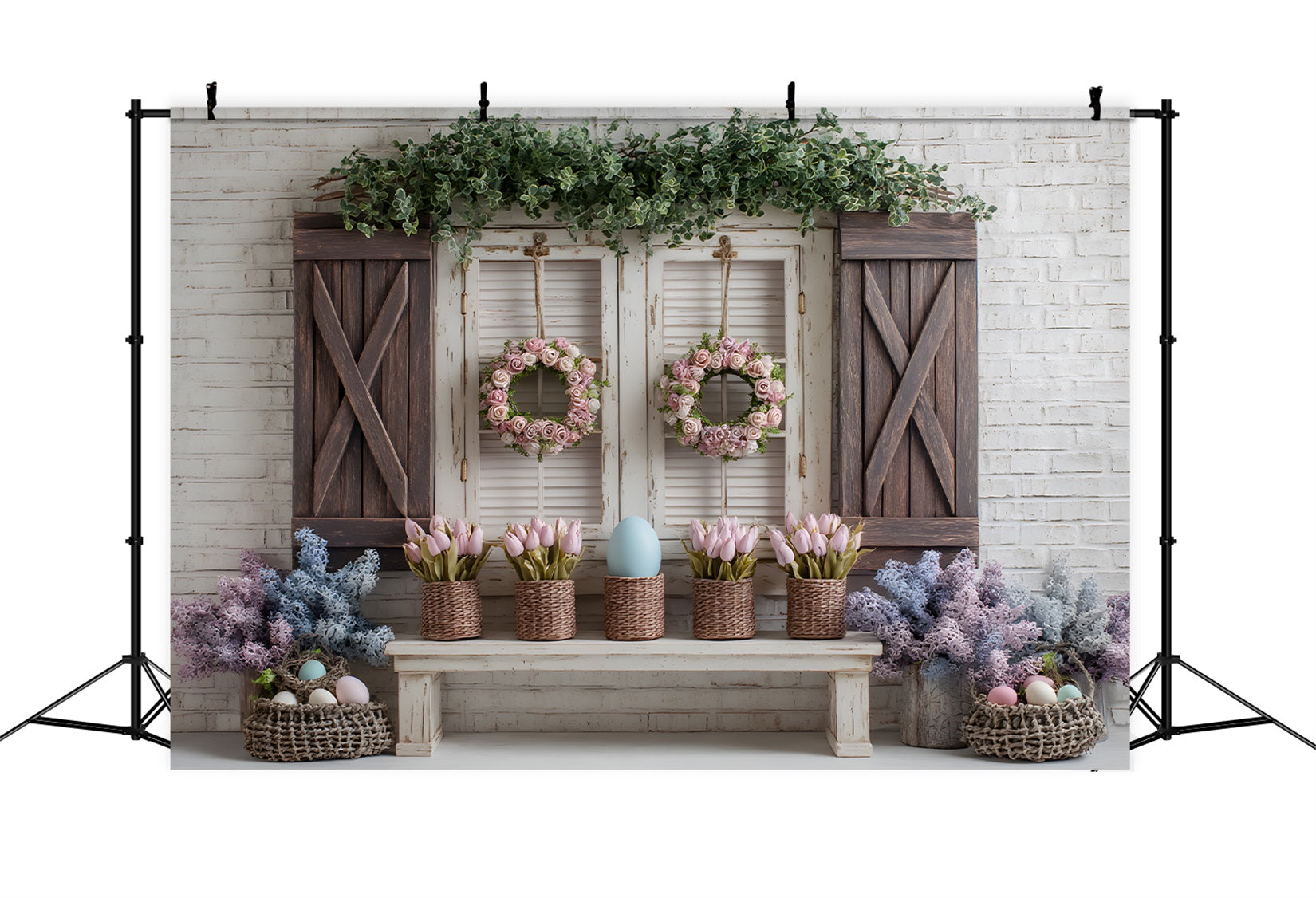 Easter Spring Floral Wreath Backdrop Pink Tulip Egg Window Photography Backdrops Easter By Magali