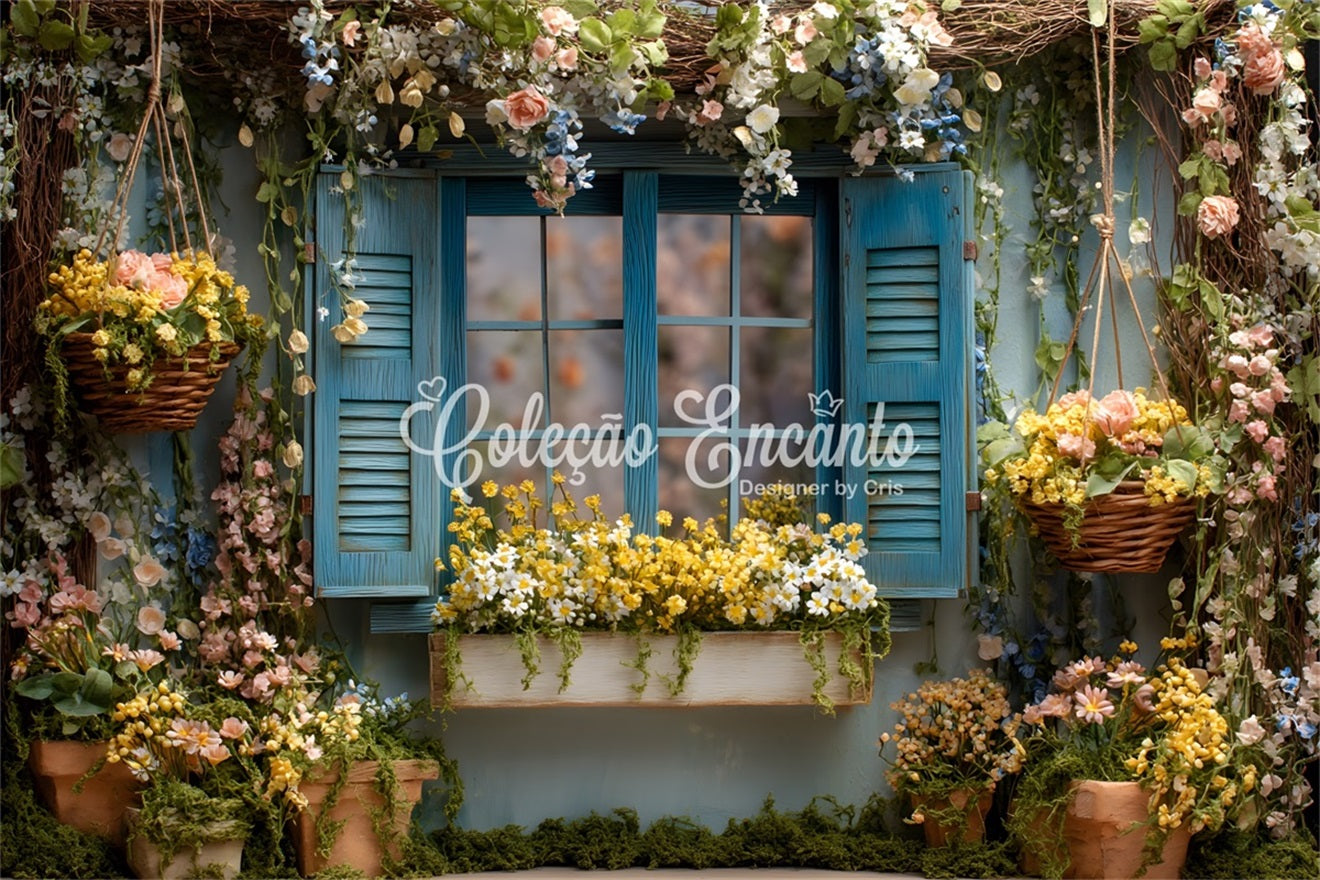 Easter Cottage Garden Backdrop Blue Floral Window Blooms Easter Theme Backdrop By Magali
