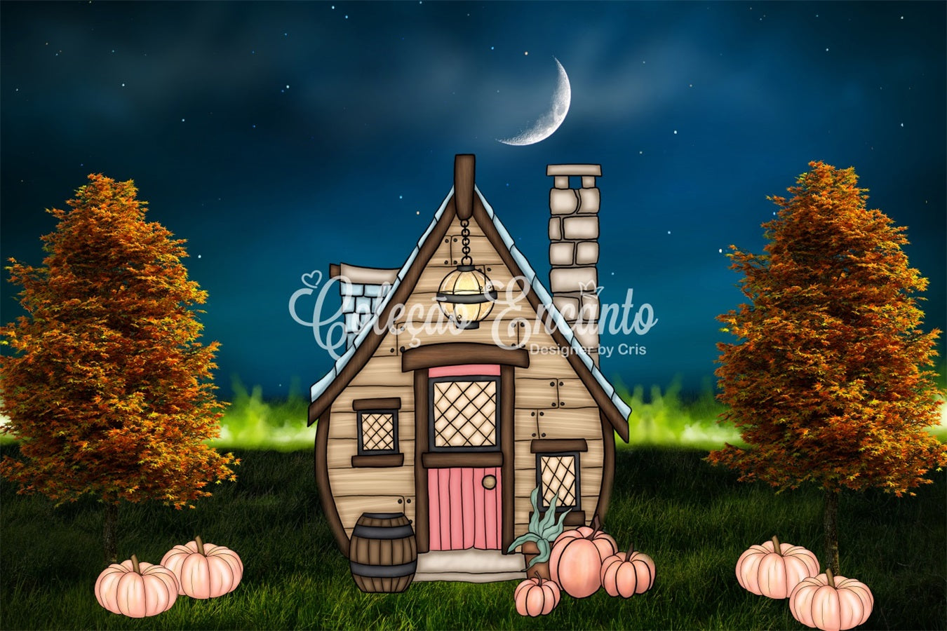 Newborn Backdrops Moonlit Cottage Pumpkin Lawn Halloween Backdrops For Kids By Magali