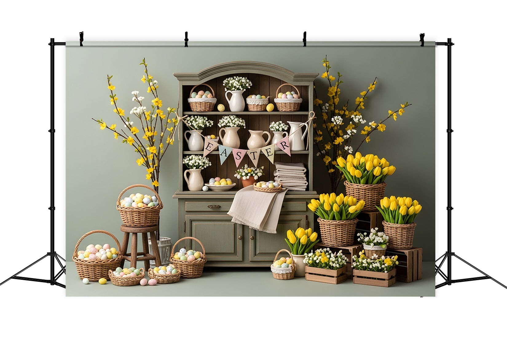 Easter Tulip Backdrop Easter Cabinet Egg Baskets Backdrop Ideas For Easter By Magali