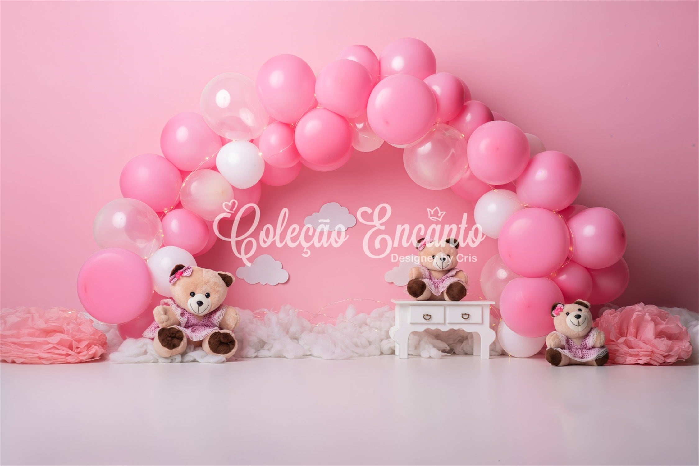 Newborn Backdrop Pink Balloon Arch Teddy Trio Childrens Photo Backdrops By Magali