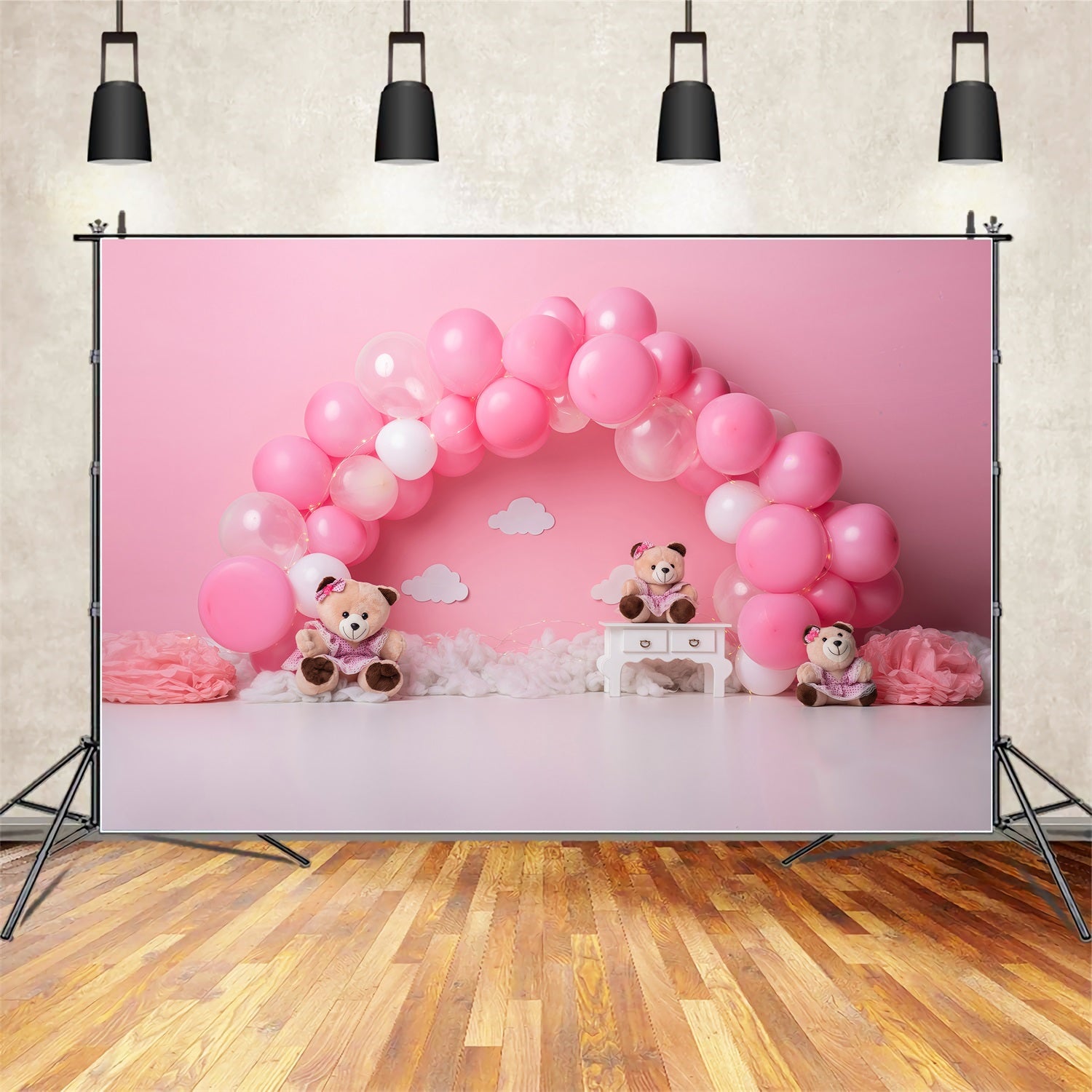 Newborn Backdrop Pink Balloon Arch Teddy Trio Childrens Photo Backdrops By Magali