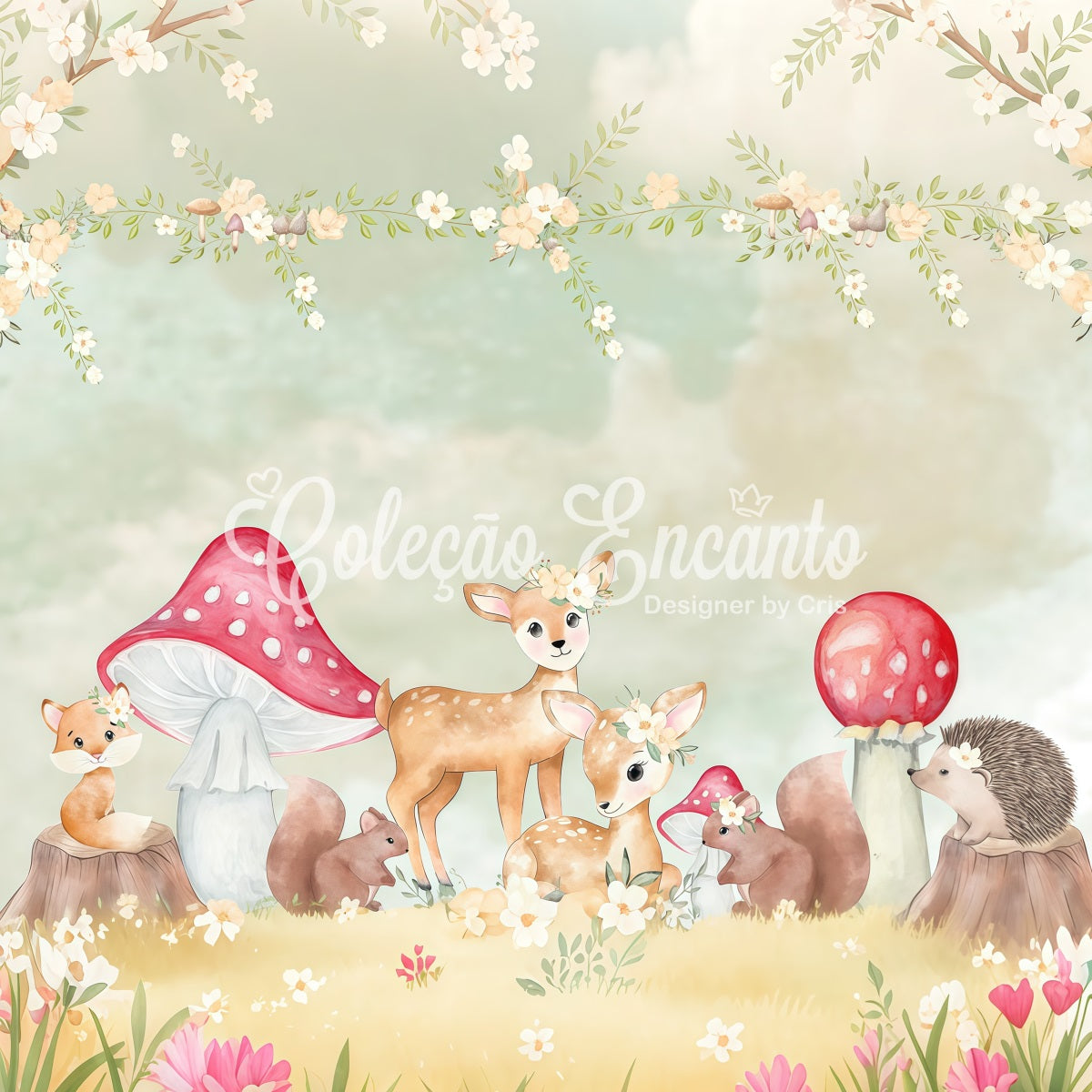 Kids Photography Backdrop Woodland Fawn Mushroom Floral Border Children Backdrop By Magali