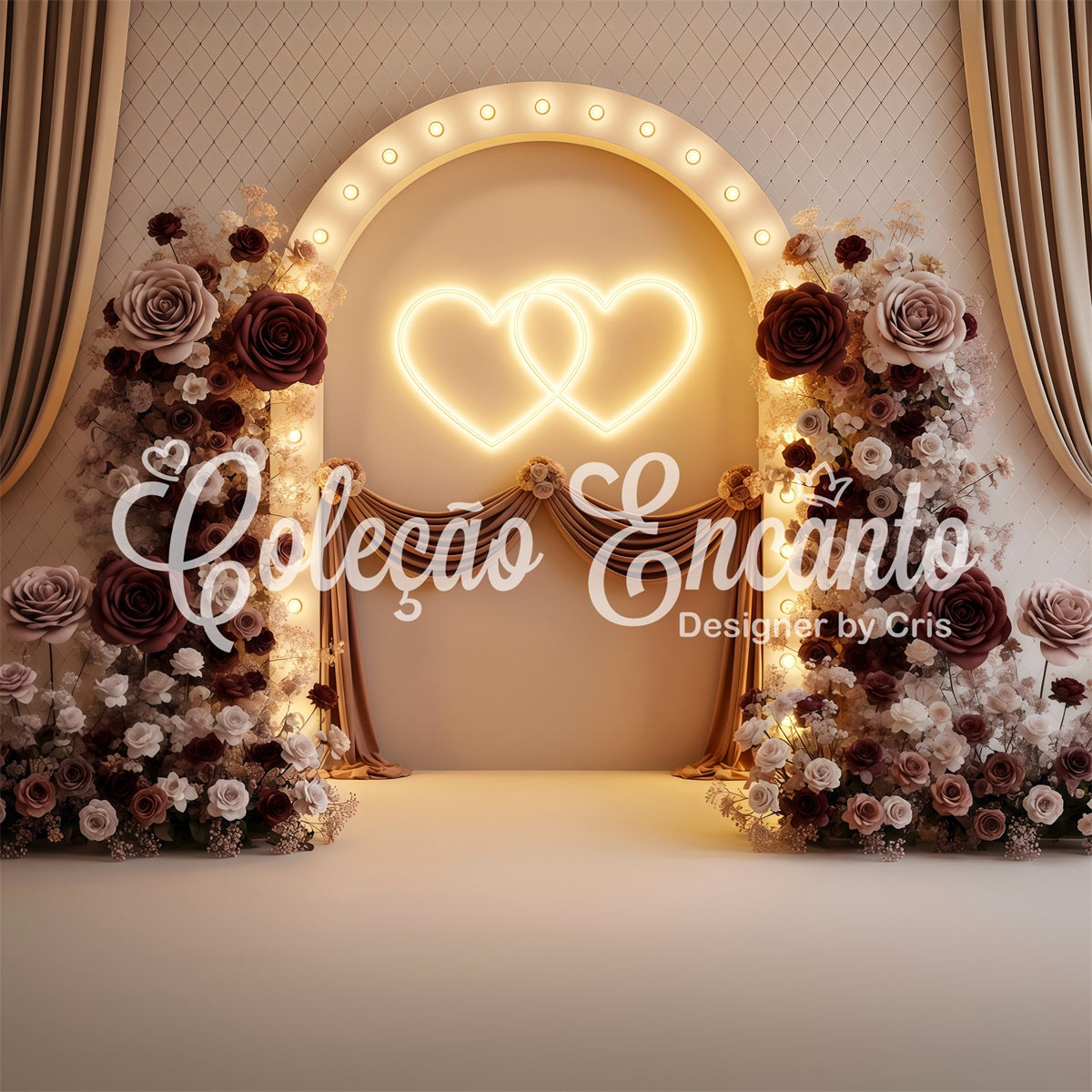 Mother's Day Photo Booth Backdrop Burgundy Twin Hearts Floral Glow Backdrops For Mothers Day By Magali