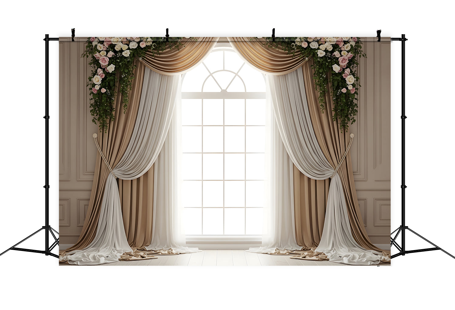 Mother's Day Backdrop Champagne Window Drapes Floral Swag Mother's Day Photo Booth Backdrops By Magali