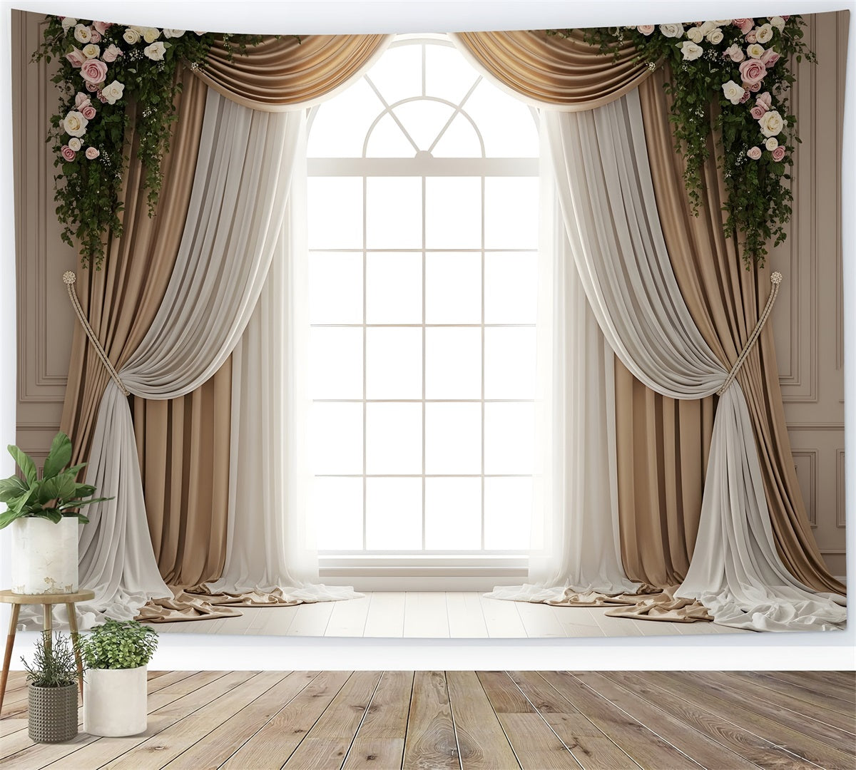 Mother's Day Backdrop Champagne Window Drapes Floral Swag Mother's Day Photo Booth Backdrops By Magali