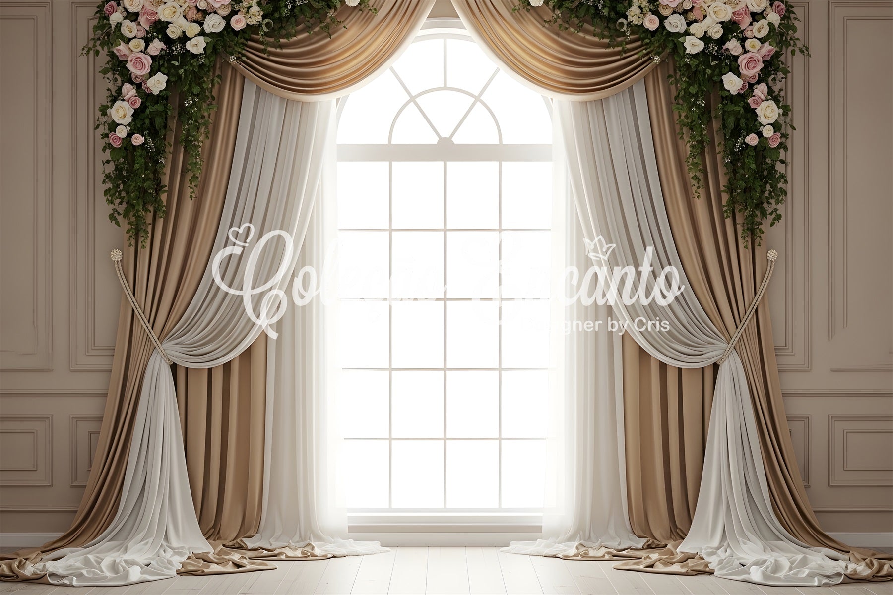 Mother's Day Backdrop Champagne Window Drapes Floral Swag Mother's Day Photo Booth Backdrops By Magali