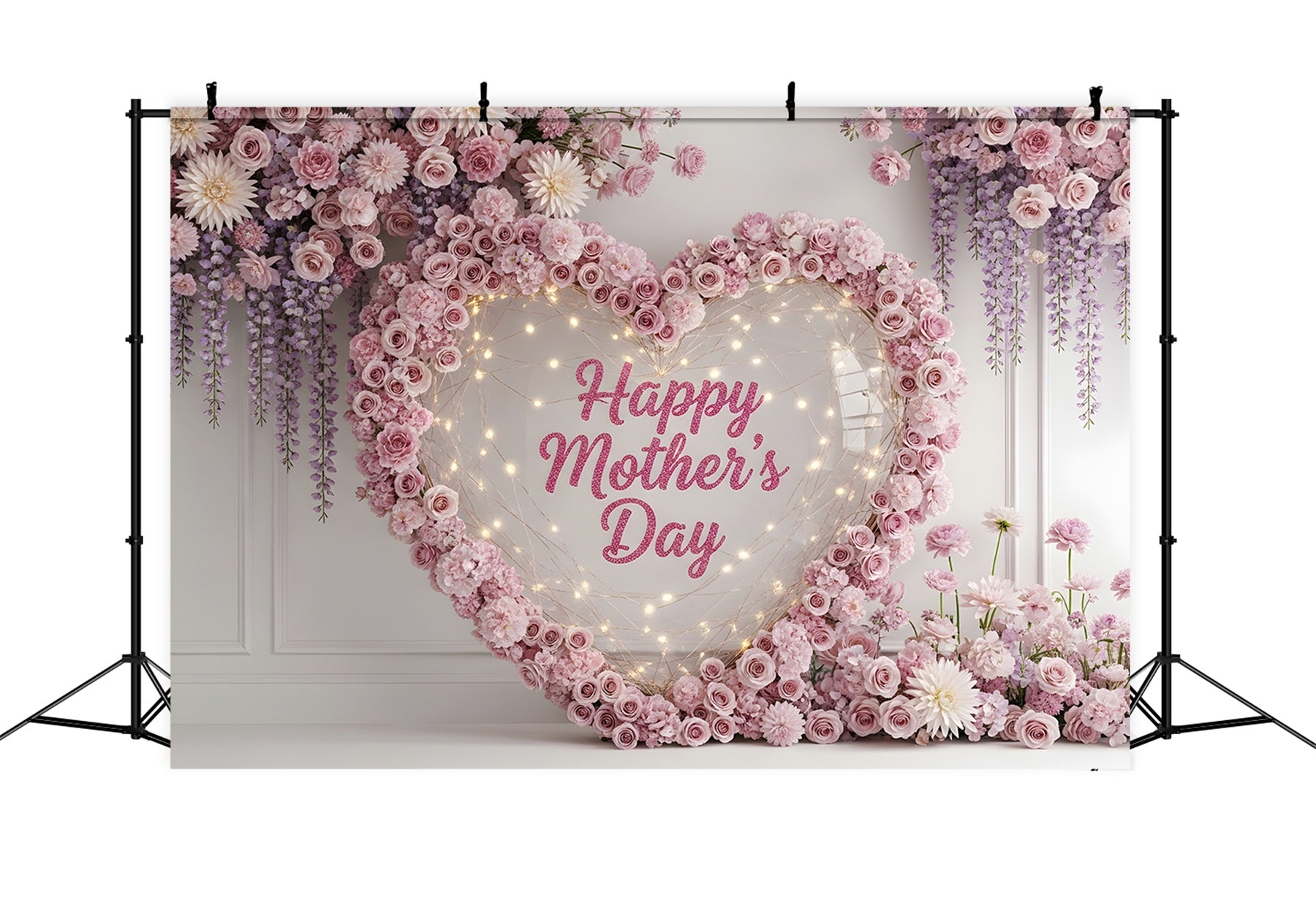 Happy Mothers Day Backdrop Pink Heart Wreath Floral Lights Mothers Day Photo Booth Backdrops By Magali