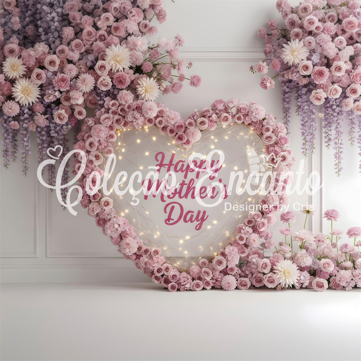 Happy Mothers Day Backdrop Pink Heart Wreath Floral Lights Mothers Day Photo Booth Backdrops By Magali