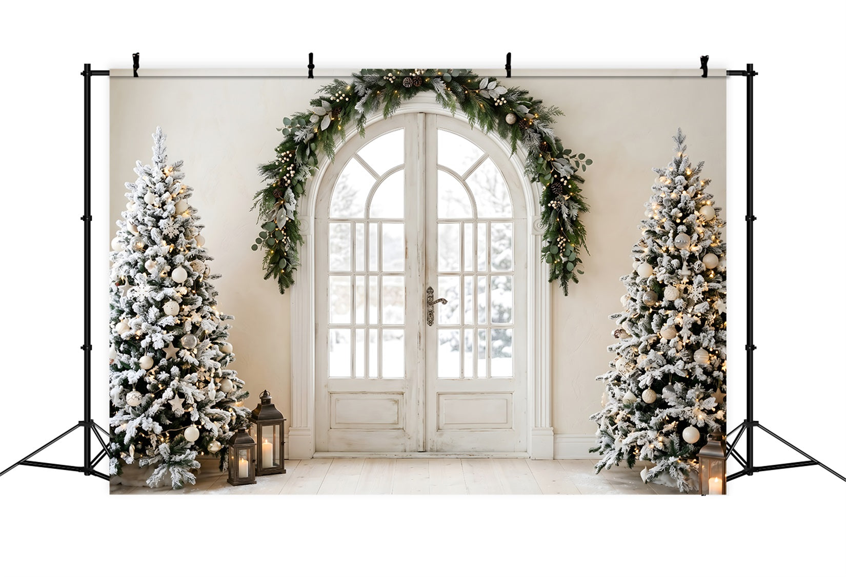 Christmas Themed Backdrop Elegant Arched Door Snowy Trees Christmas Photo Booth Backdrop CEM65-100