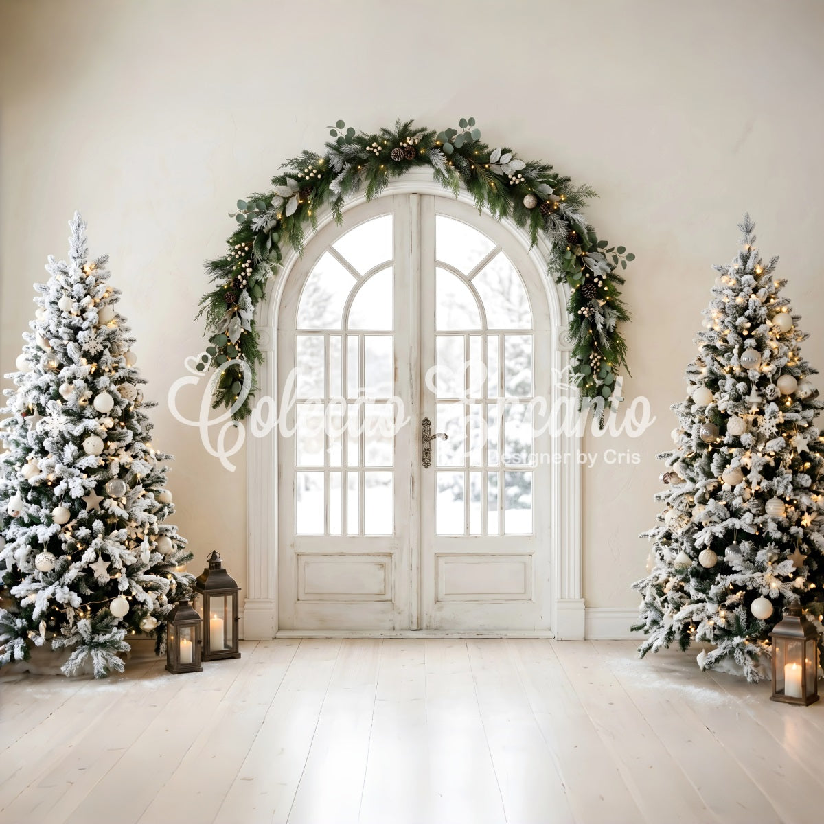 Christmas Themed Backdrop Elegant Arched Door Snowy Trees Christmas Photo Booth Backdrop CEM65-100
