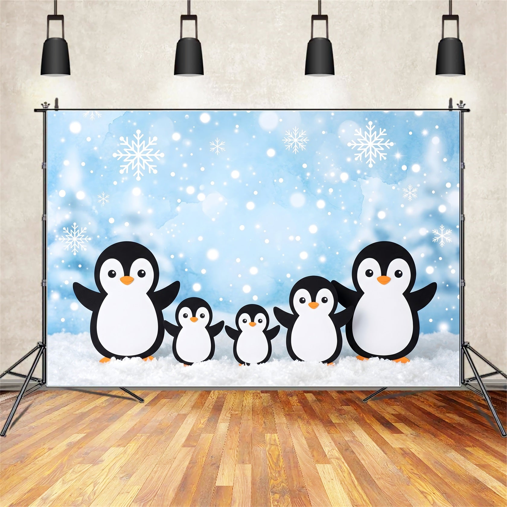 Christmas Scene Backdrop Blue Snowflake Penguin Family Magic Christmas Backdrop Design CEM65-102