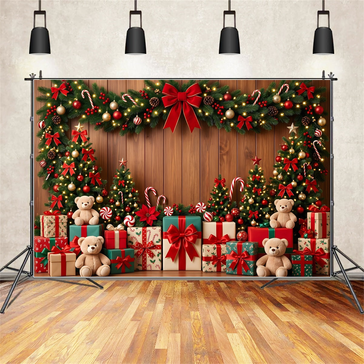 Photo Backdrop Christmas Candy Cane Teddy Gift Garland Christmas Backdrops Photography CEM65-103
