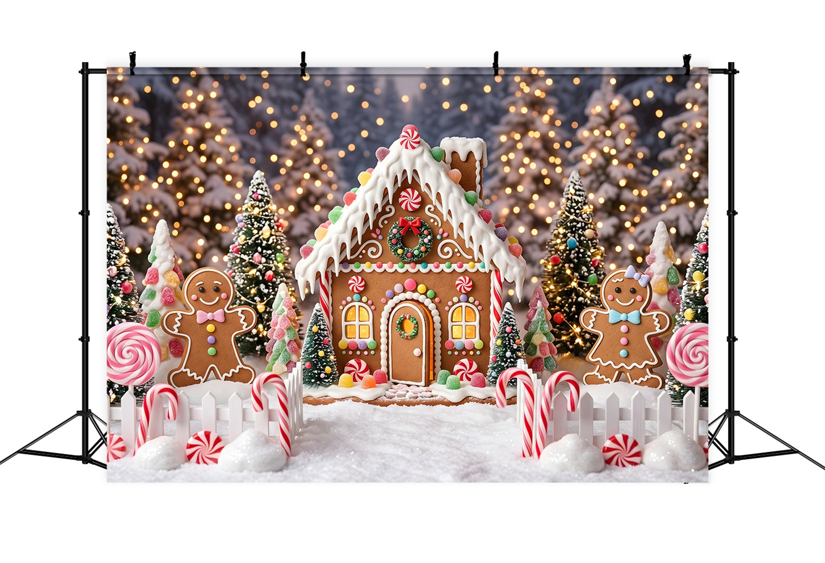 Christmas Backdrop Design Sweet Gingerbread Candy Forest Cottage Christmas Photoshoot Backdrop CEM65-106