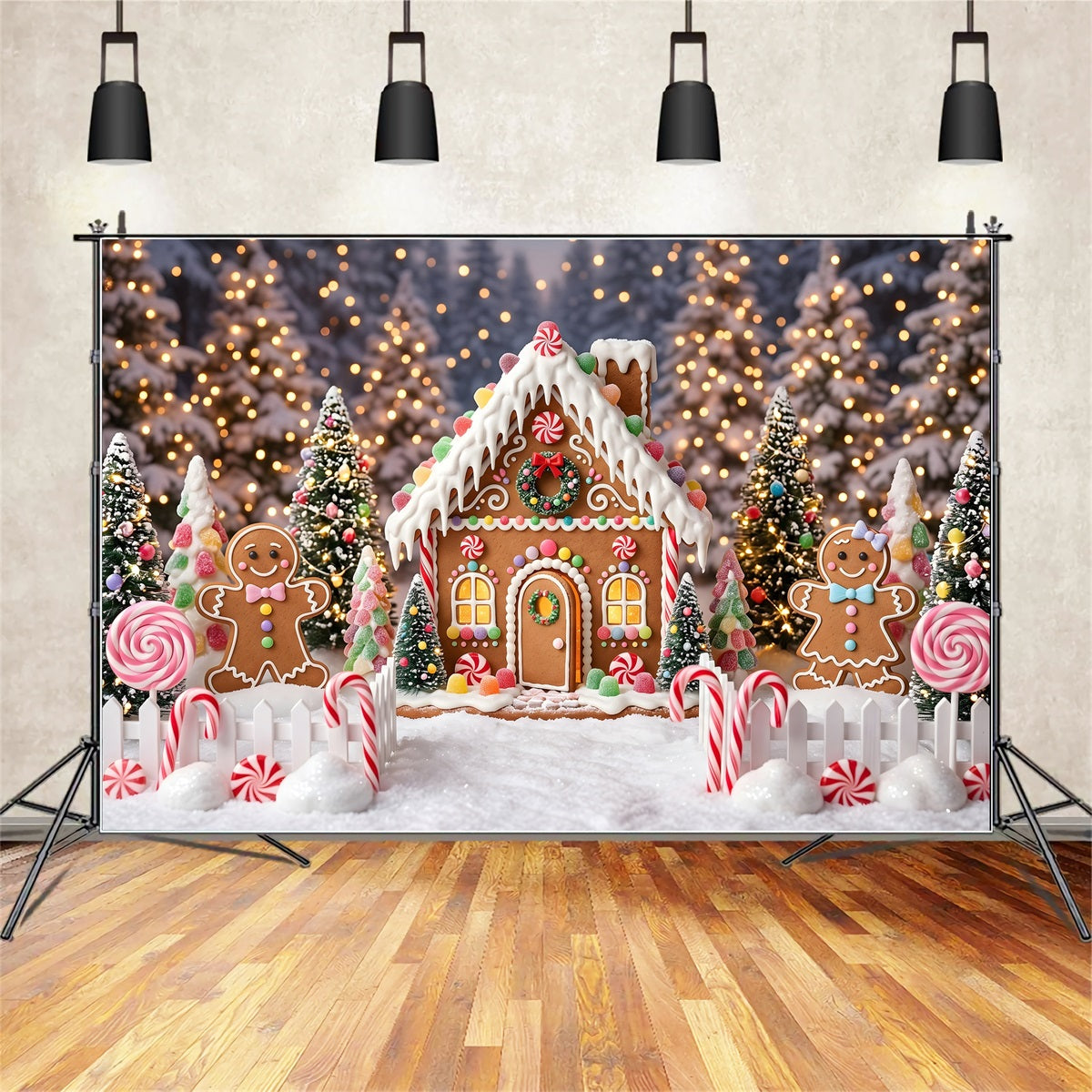 Christmas Backdrop Design Sweet Gingerbread Candy Forest Cottage Christmas Photoshoot Backdrop CEM65-106