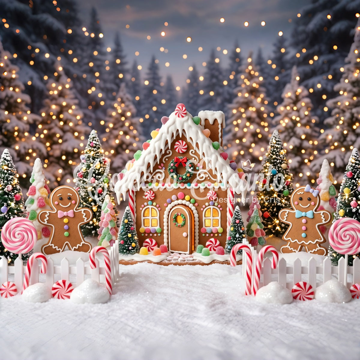 Christmas Backdrop Design Sweet Gingerbread Candy Forest Cottage Christmas Photoshoot Backdrop CEM65-106