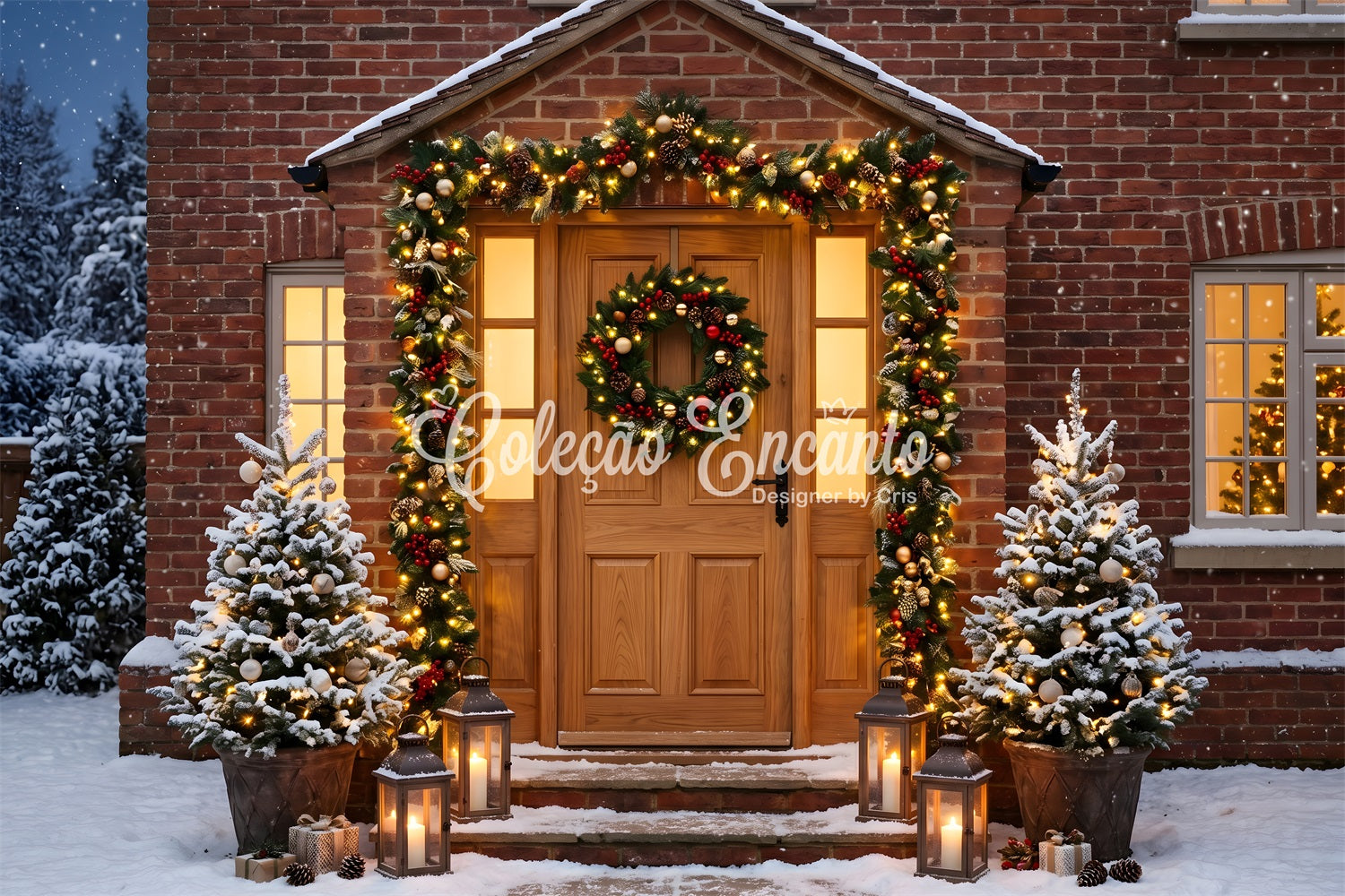 Photo Booth Christmas Backdrop Brick Door Garland Lantern Glow Large Christmas Backdrops CEM65-108