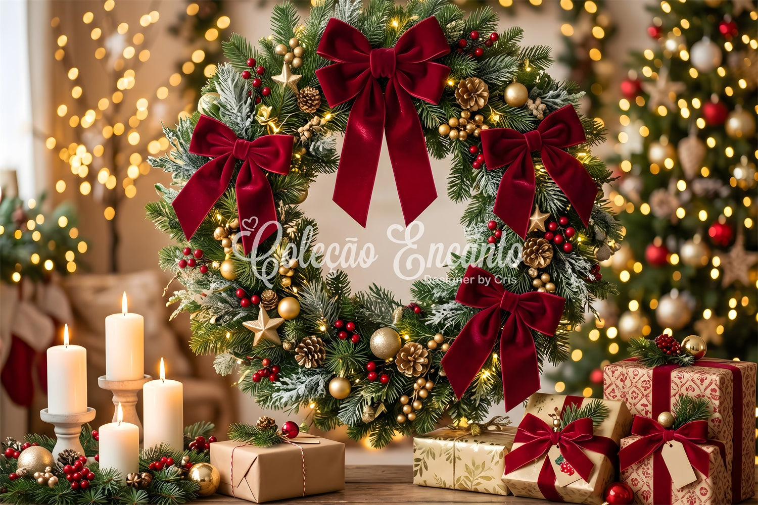 Christmas Backdrop For Photography Velvet Bow Wreath Candle Christmas Backdrop CEM65-110