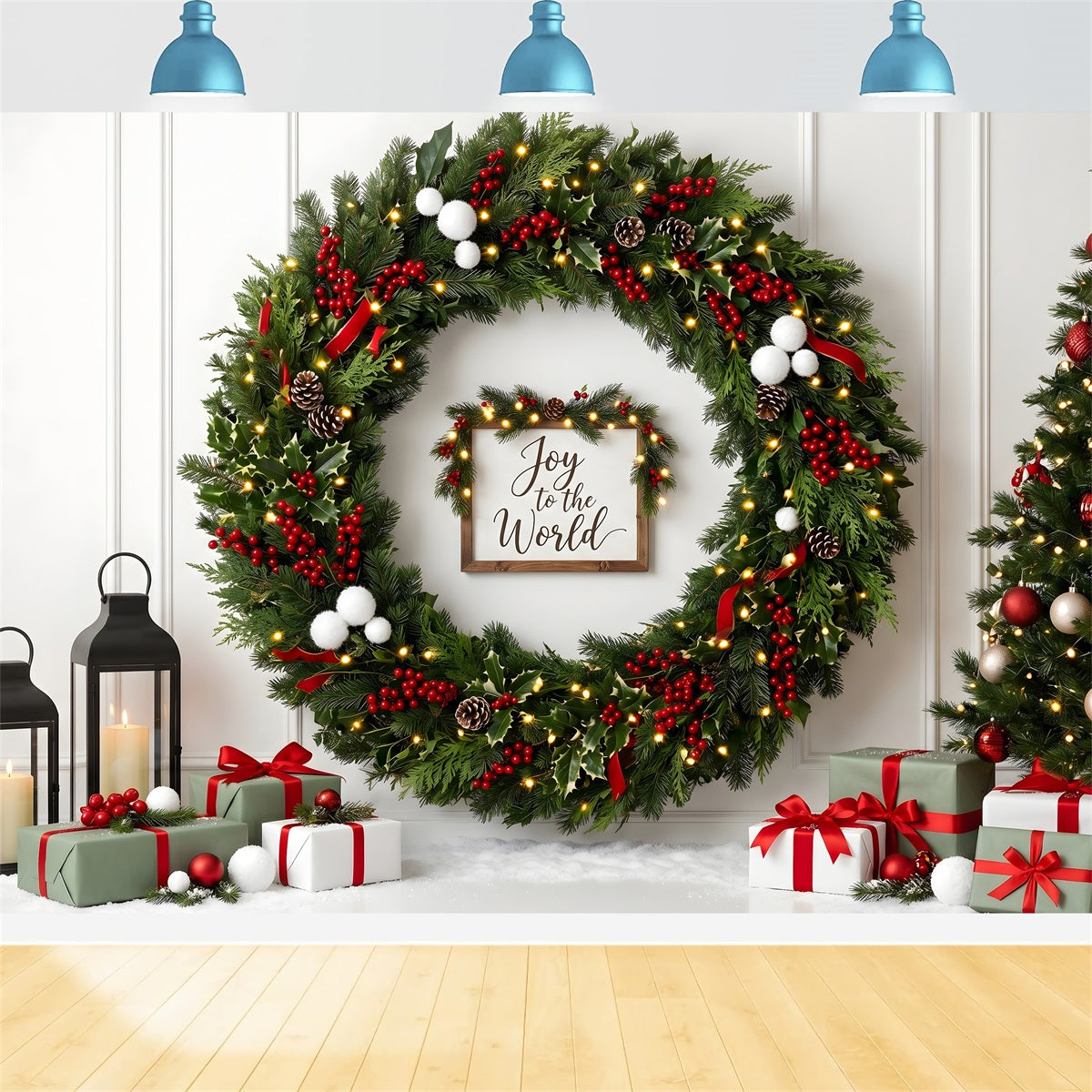 Christmas Wall Backdrop Holly Berry Wreath Lantern Gifts Photography Christmas Backdrop CEM65-111