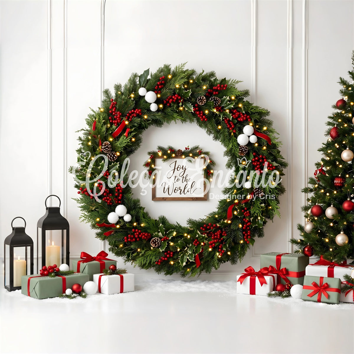 Christmas Wall Backdrop Holly Berry Wreath Lantern Gifts Photography Christmas Backdrop CEM65-111