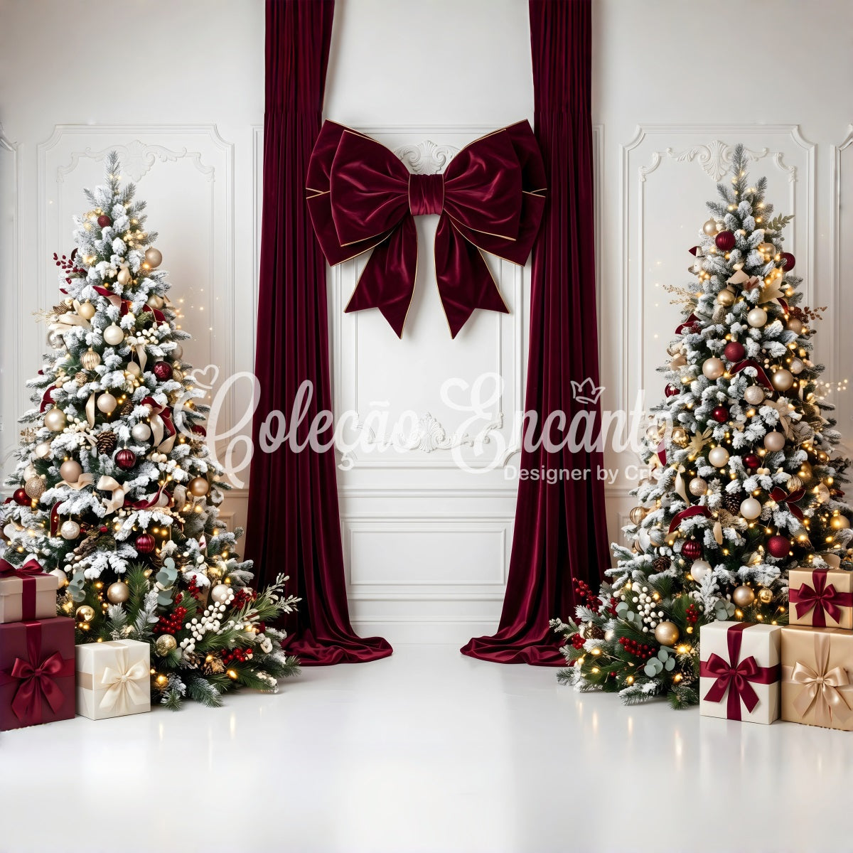 Backdrops For Christmas Burgundy Velvet Bow Snowy Trees Christmas Photobooth Backdrop CEM65-112