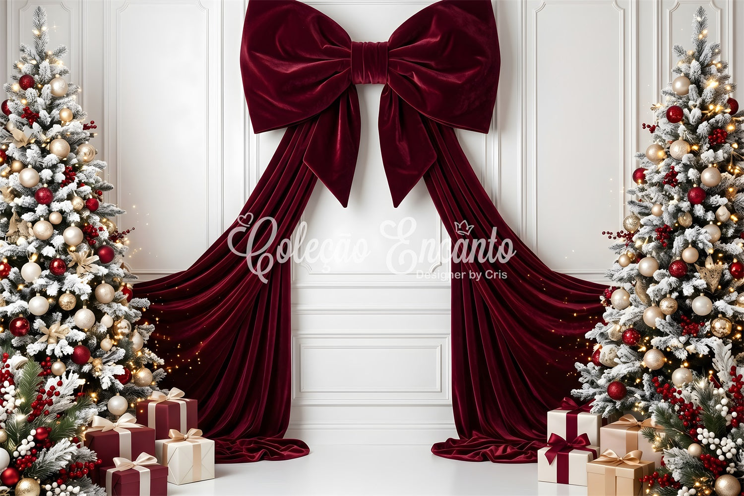 Christmas Backdrop Burgundy Velvet Bow Frosted Trees Christmas Backdrop For Photoshoot CEM65-113