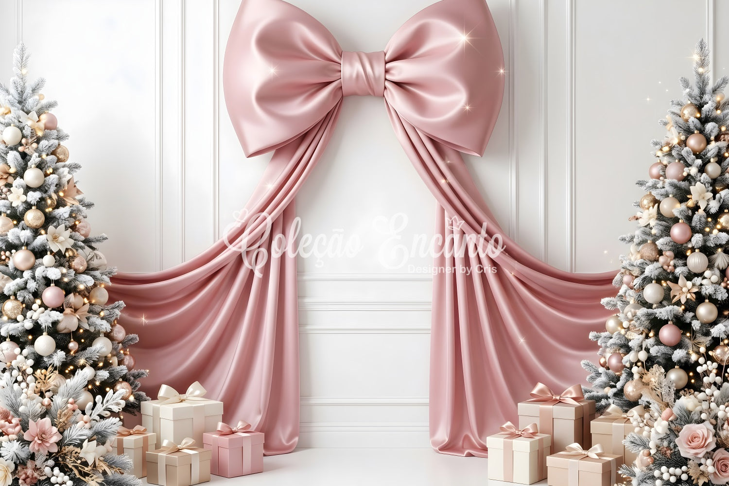 Christmas Backdrop For Wall Pink Satin Bow Gift Trees Backdrop Christmas Photo Booth CEM65-114