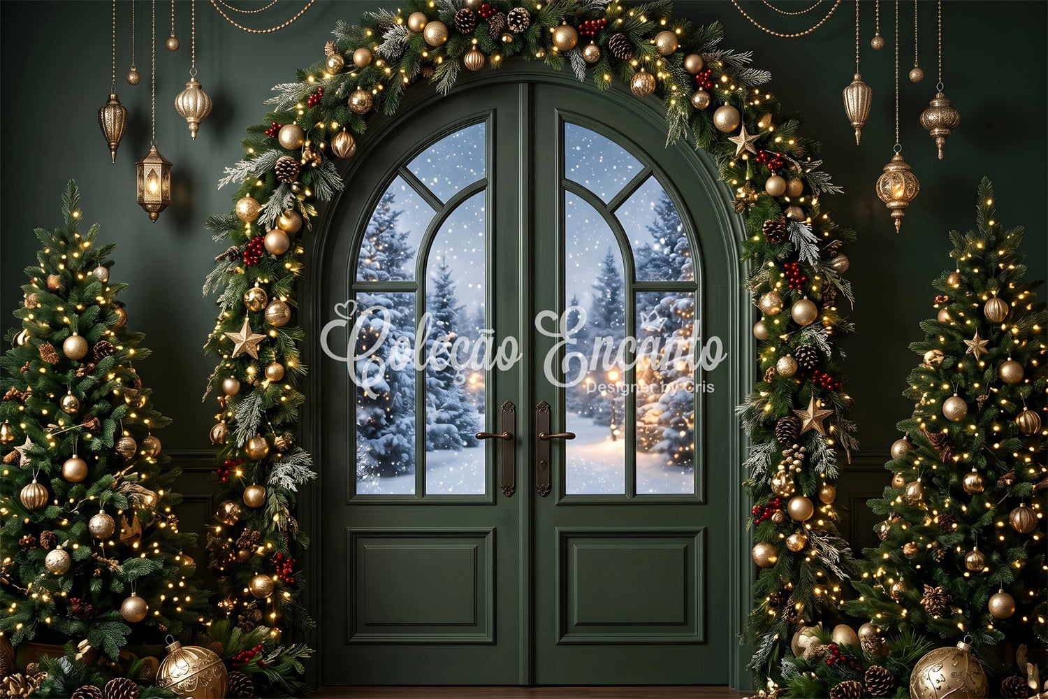 Green Christmas Backdrop Emerald Door Golden Garland Trees Best Christmas Photo Backdrops CEM65-117