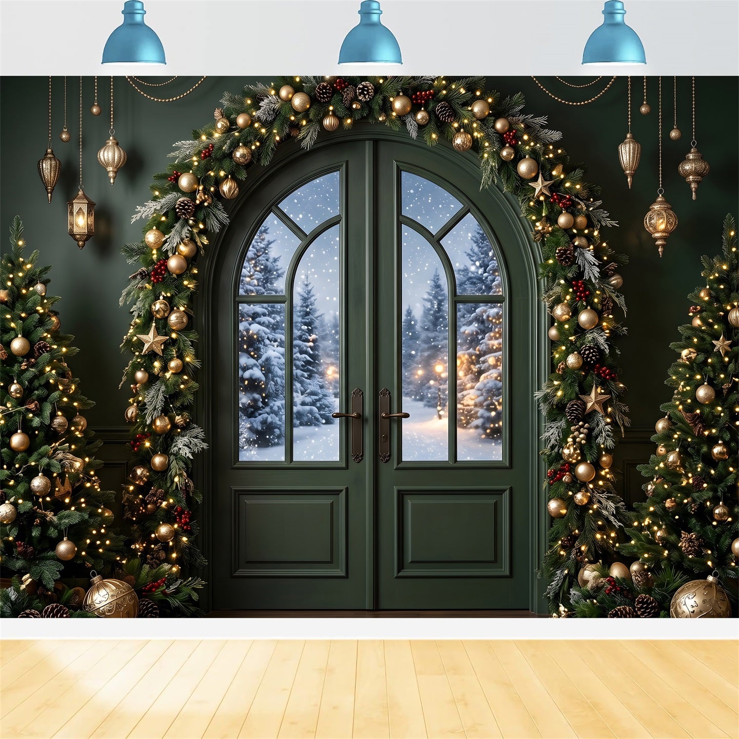 Green Christmas Backdrop Emerald Door Golden Garland Trees Best Christmas Photo Backdrops CEM65-117