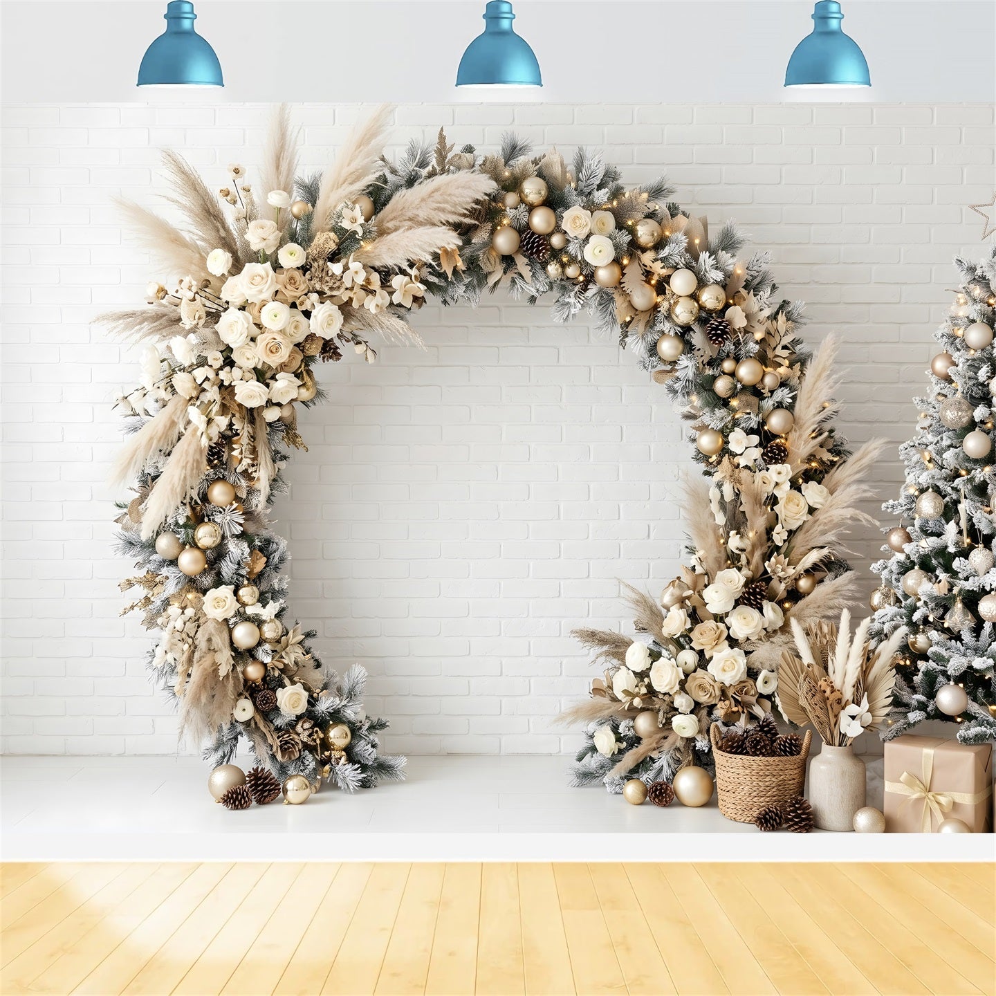 Christmas Wall Backdrop Boho Pampas Floral Garland Arch Photography Backdrop Christmas CEM65-118