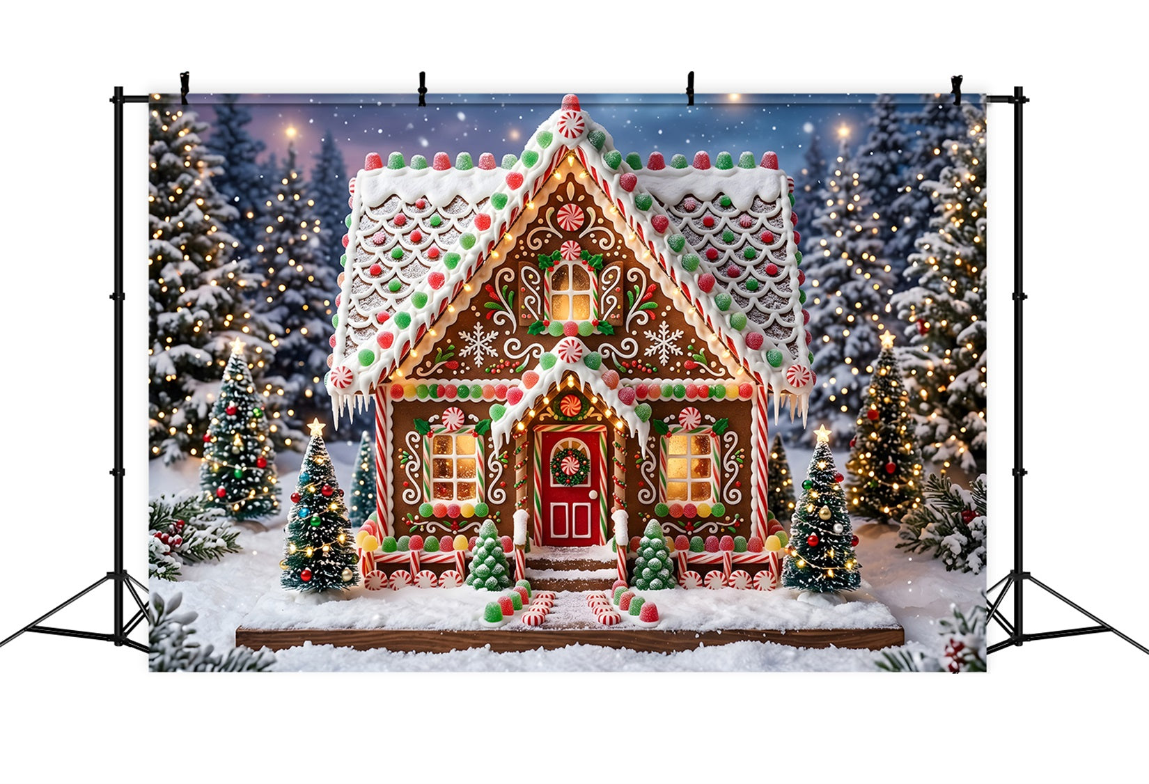 Backdrop For Christmas Gingerbread Cottage Candy Snow Forest Christmas Photo Booth Backdrops CEM65-119