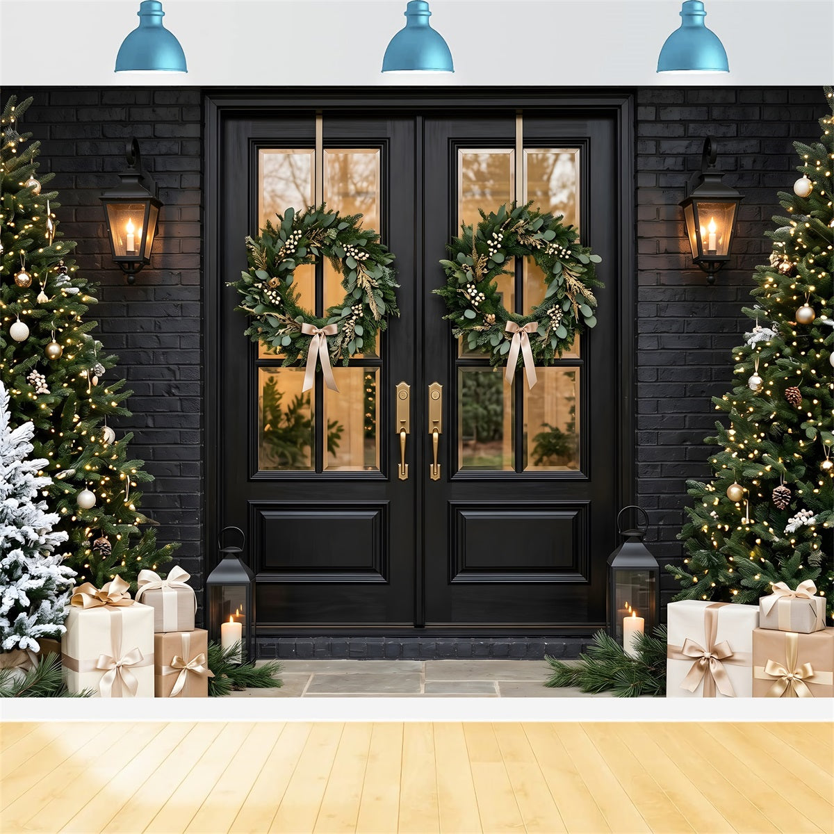Black Christmas Backdrop Black Door Twin Wreath Porch Christmas Backdrop CEM65-120
