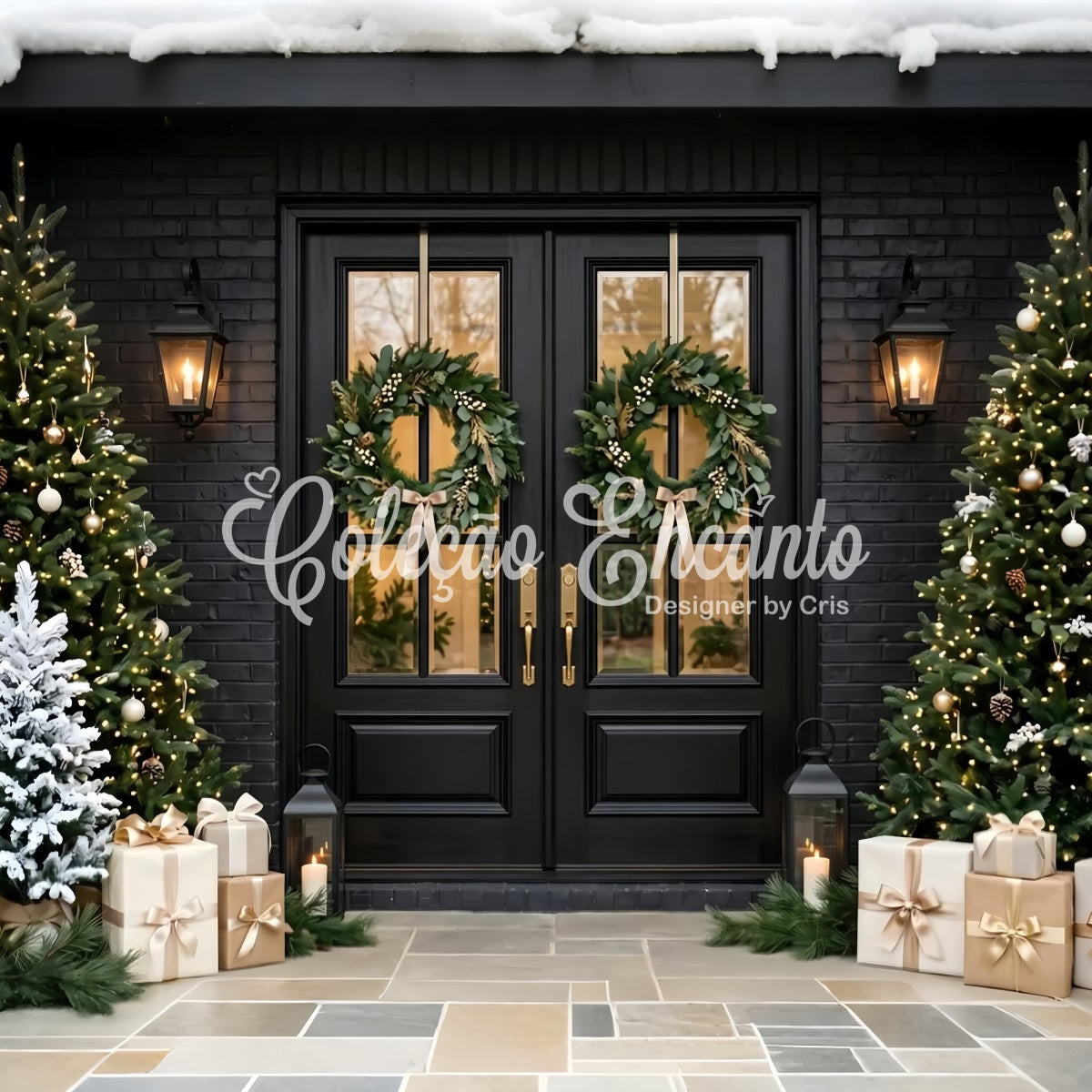 Black Christmas Backdrop Black Door Twin Wreath Porch Christmas Backdrop CEM65-120