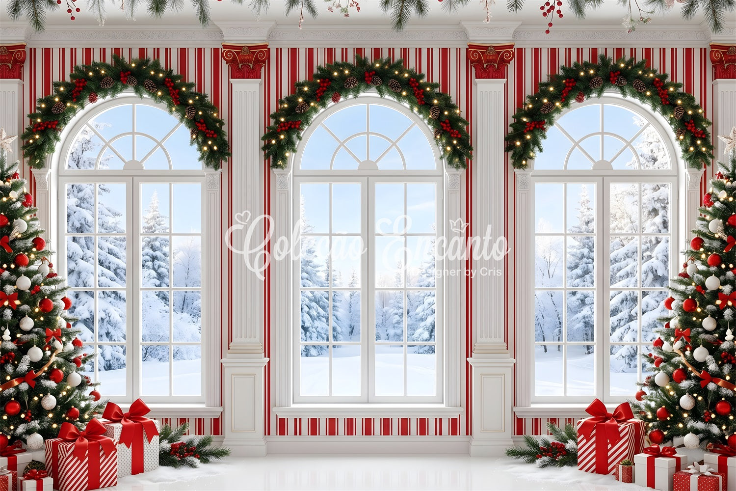 Christmas Photoshoot Backdrop Candy Stripe Winter Window Hall Christmas Backdrop For Photos CEM65-123