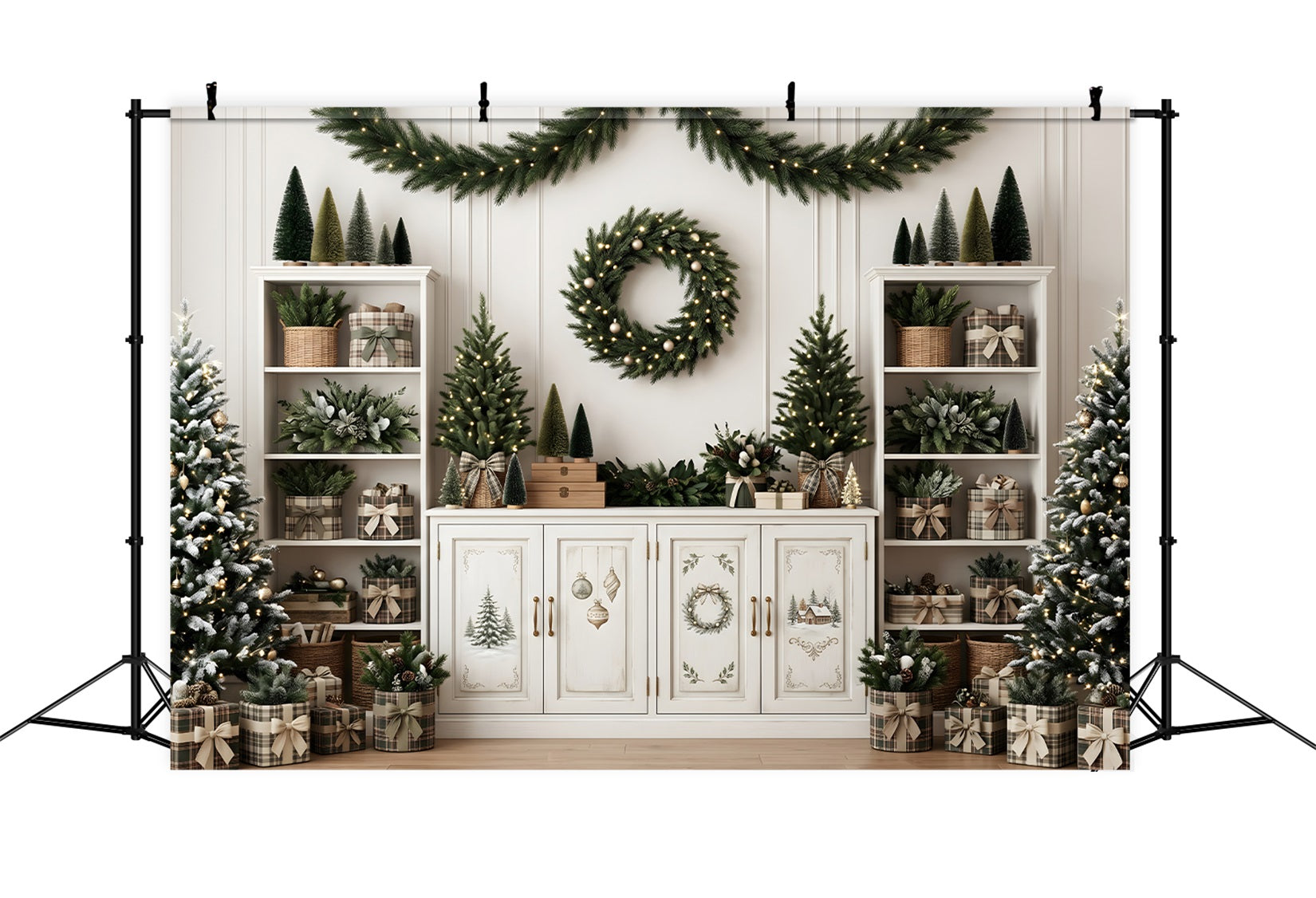 Christmas Backdrop For Pictures Neutral Shelf Wreath Mini Trees Christmas Backdrop Ideas CEM65-124