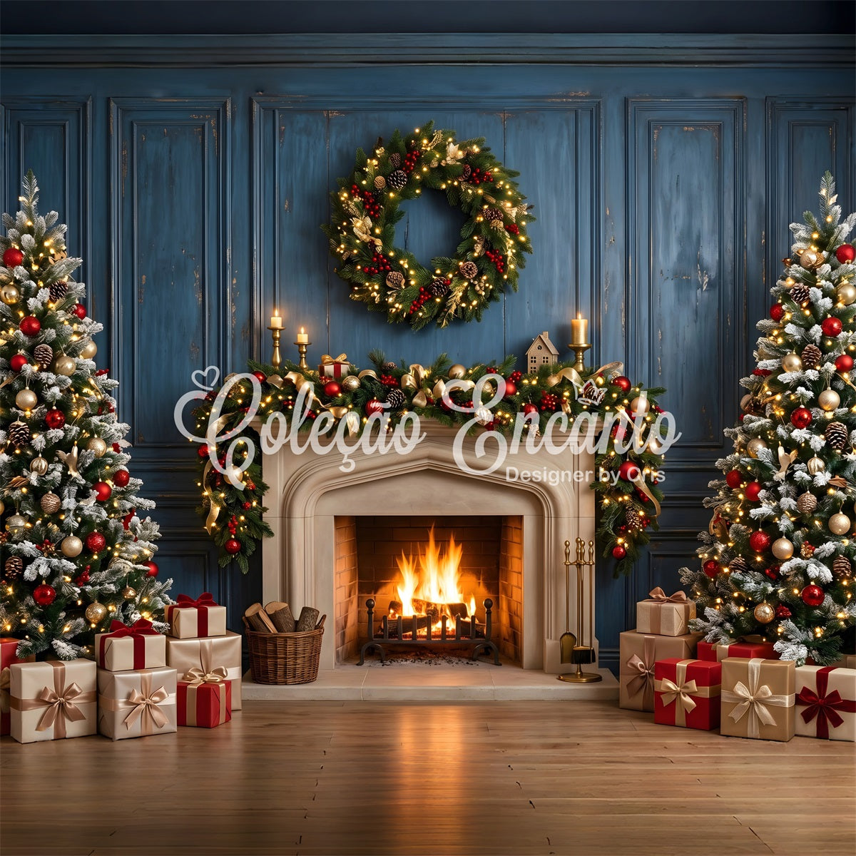 Blue Christmas Backdrop Blue Fireplace Wreath Christmas Trees Christmas Photo Backdrops CEM65-125
