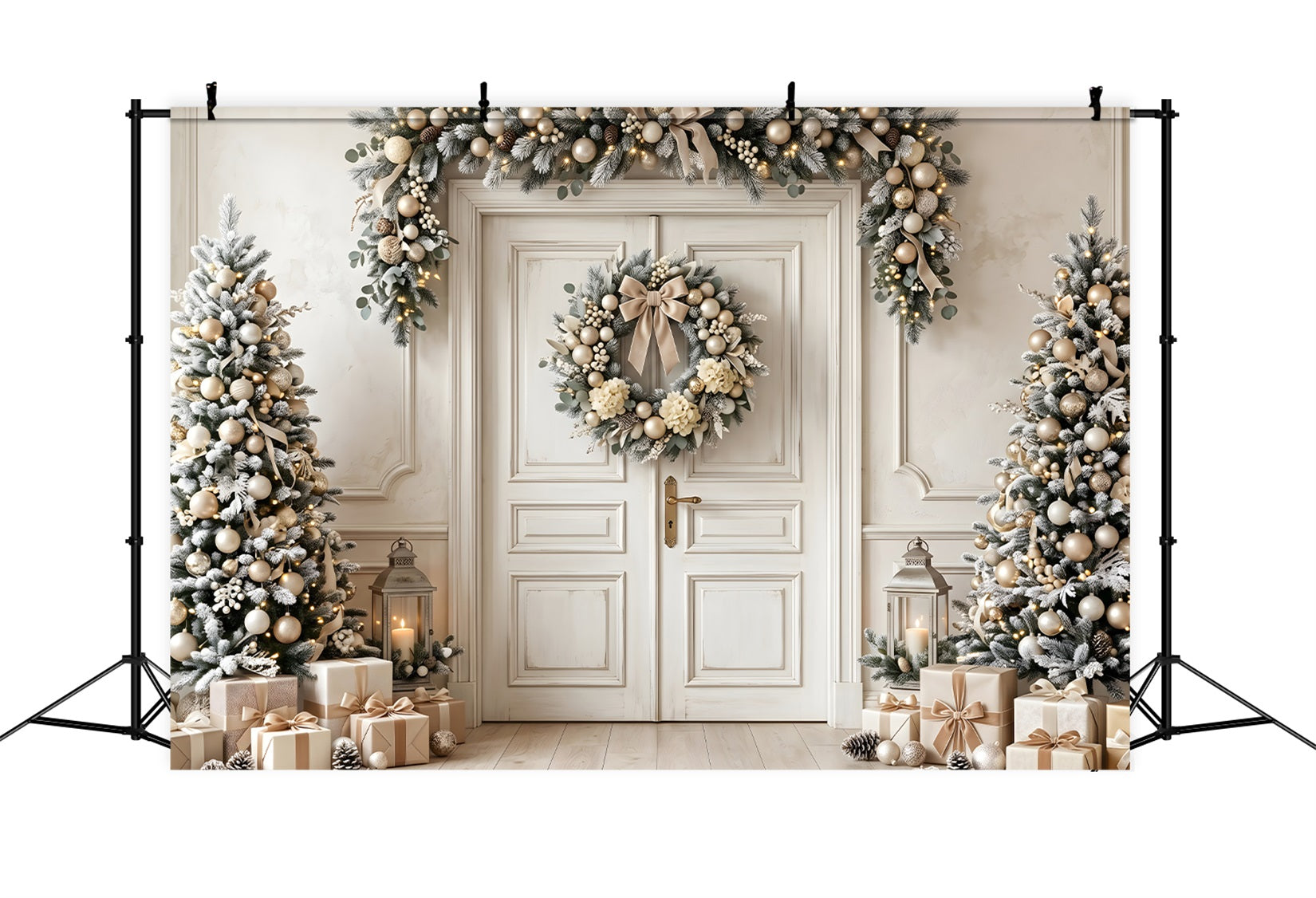 Beautiful Christmas Backdrops Ivory Gold Door Wreath Trees Christmas Photography Backdrops CEM65-130