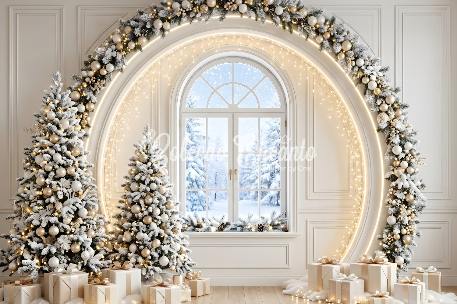Christmas Tree Backdrops Ivory Gold Window Arch Trees Christmas Photo Backdrop Ideas CEM65-133