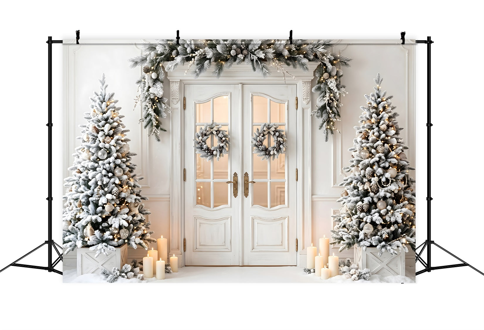 Christmas Backdrop Frosted White Door Wreath Trees Christmas Photo Booth Backdrop CEM65-134