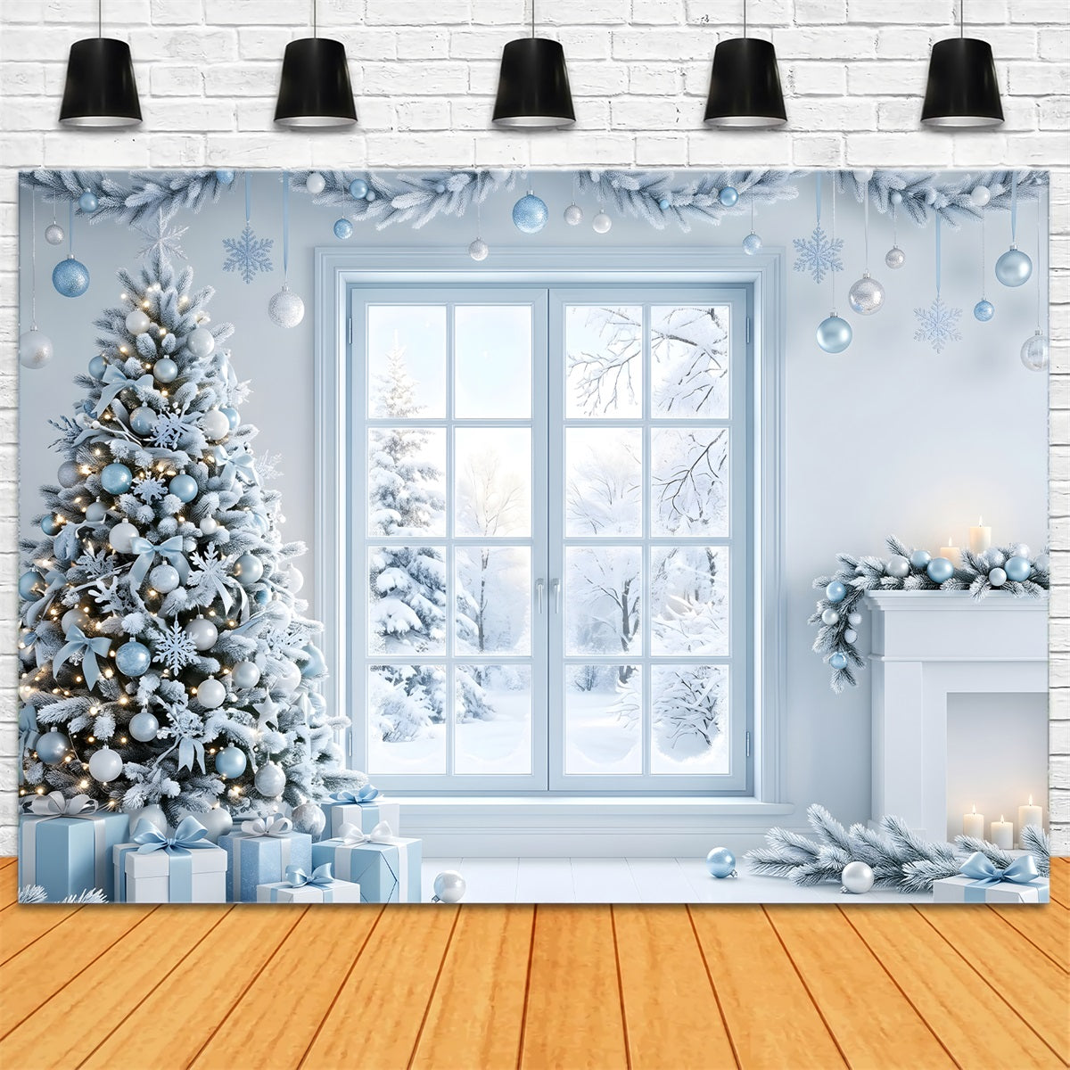 Christmas Backdrop Photoshoot Icy Blue Window Tree Fireplace Christmas Backdrop Design CEM65-136