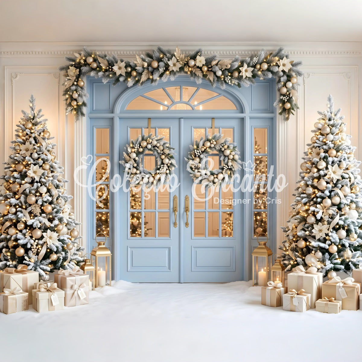 Christmas Photo Backdrop Blue Door Golden Frosted Trees Photography Christmas Backdrops CEM65-139