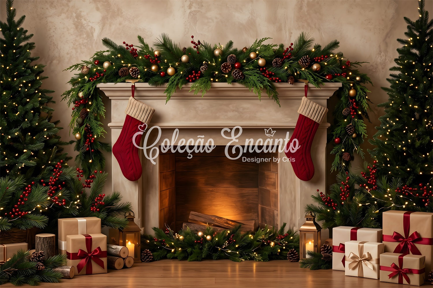 Christmas Fireplace Backdrop Cozy Stockings Garland Gifts Christmas Backdrop For Pictures CEM65-141