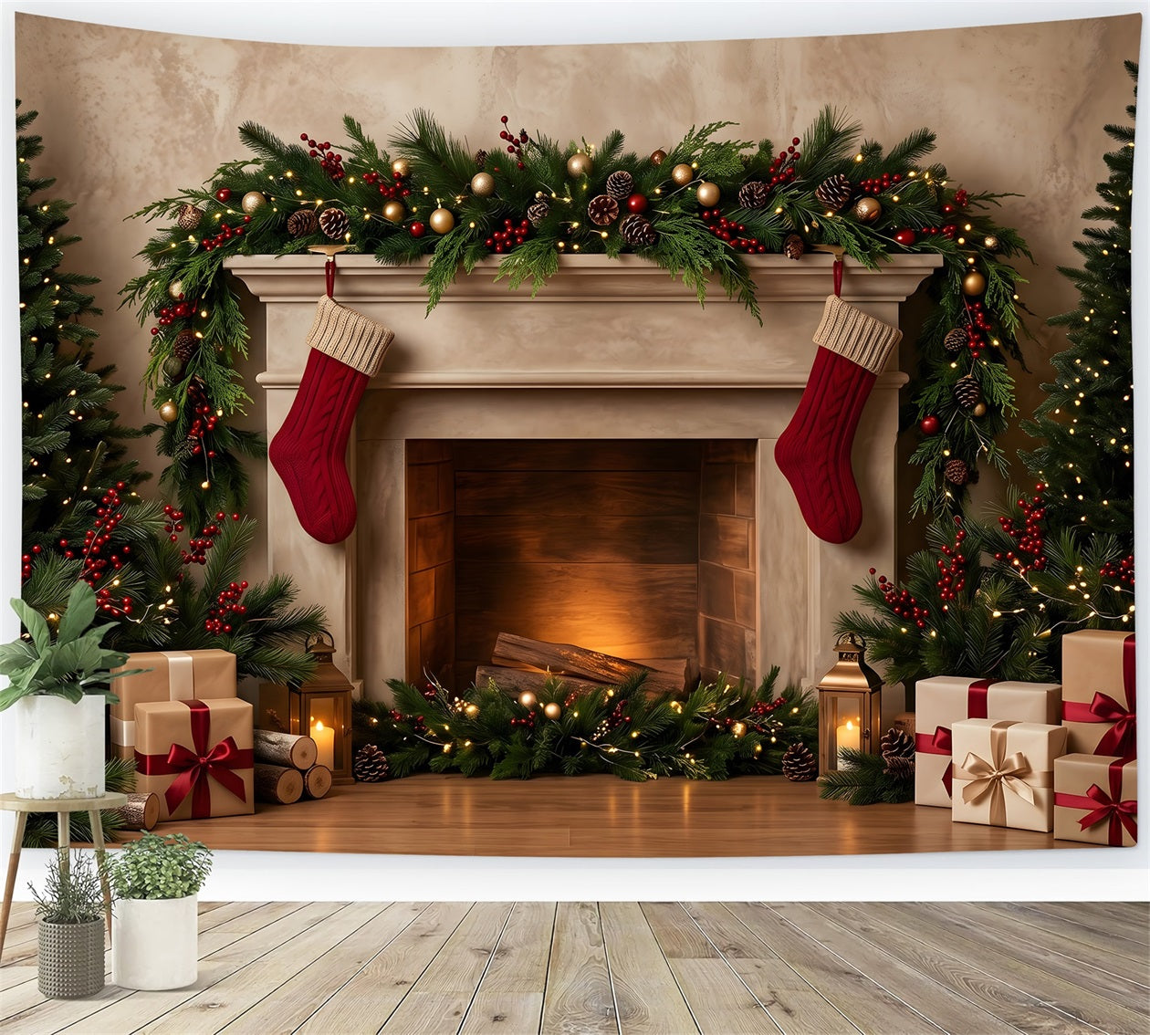 Christmas Fireplace Backdrop Cozy Stockings Garland Gifts Christmas Backdrop For Pictures CEM65-141