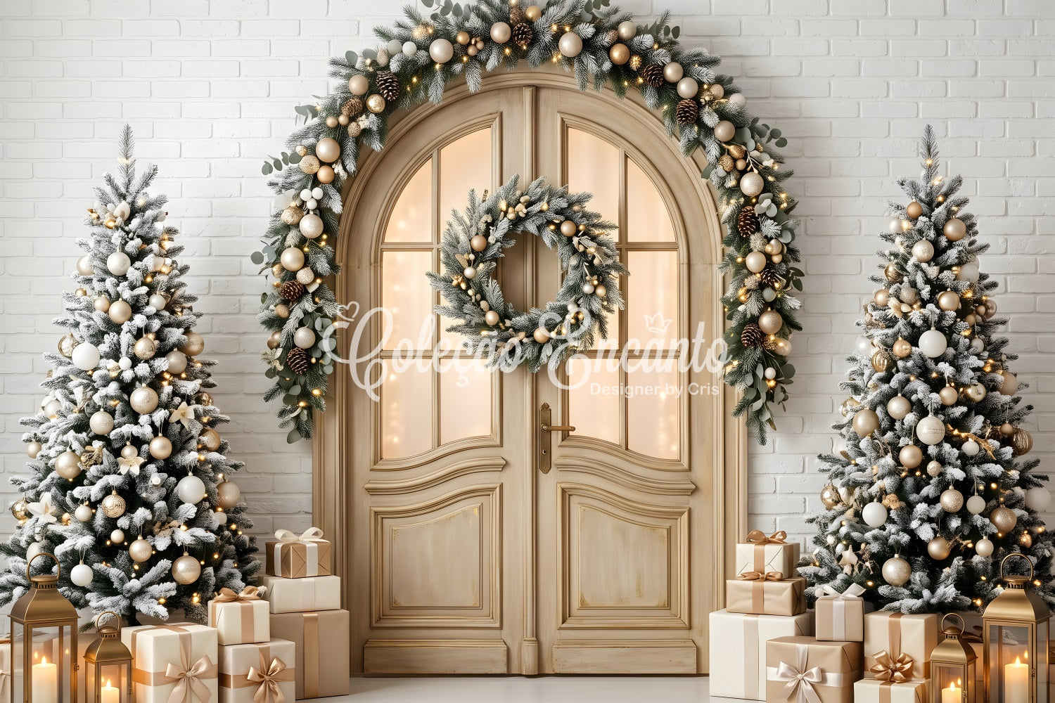 Studio Backdrops Christmas Backdrop Frosted Arched Door Wreath Trees Photo Booth Christmas Backdrop CEM65-142