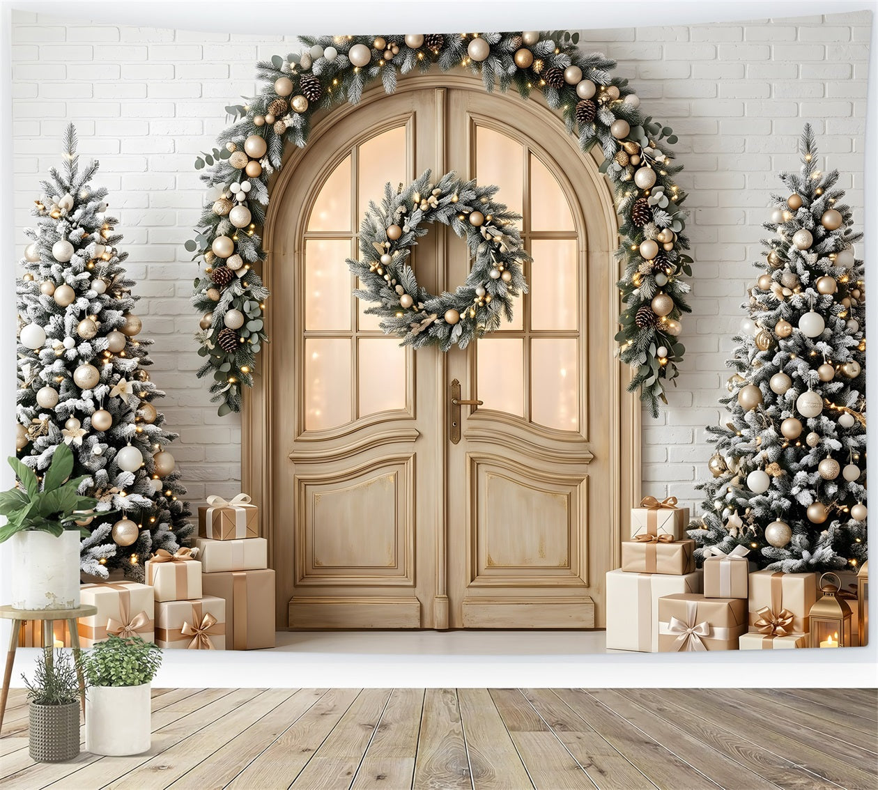 Studio Backdrops Christmas Backdrop Frosted Arched Door Wreath Trees Photo Booth Christmas Backdrop CEM65-142