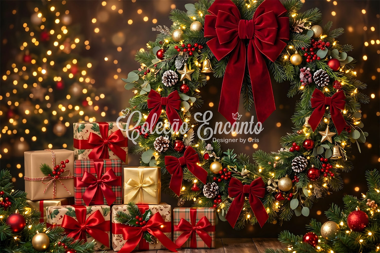 Photography Christmas Backdrop Red Bow Wreath Festive Gifts Christmas Backdrops For Pictures CEM65-143