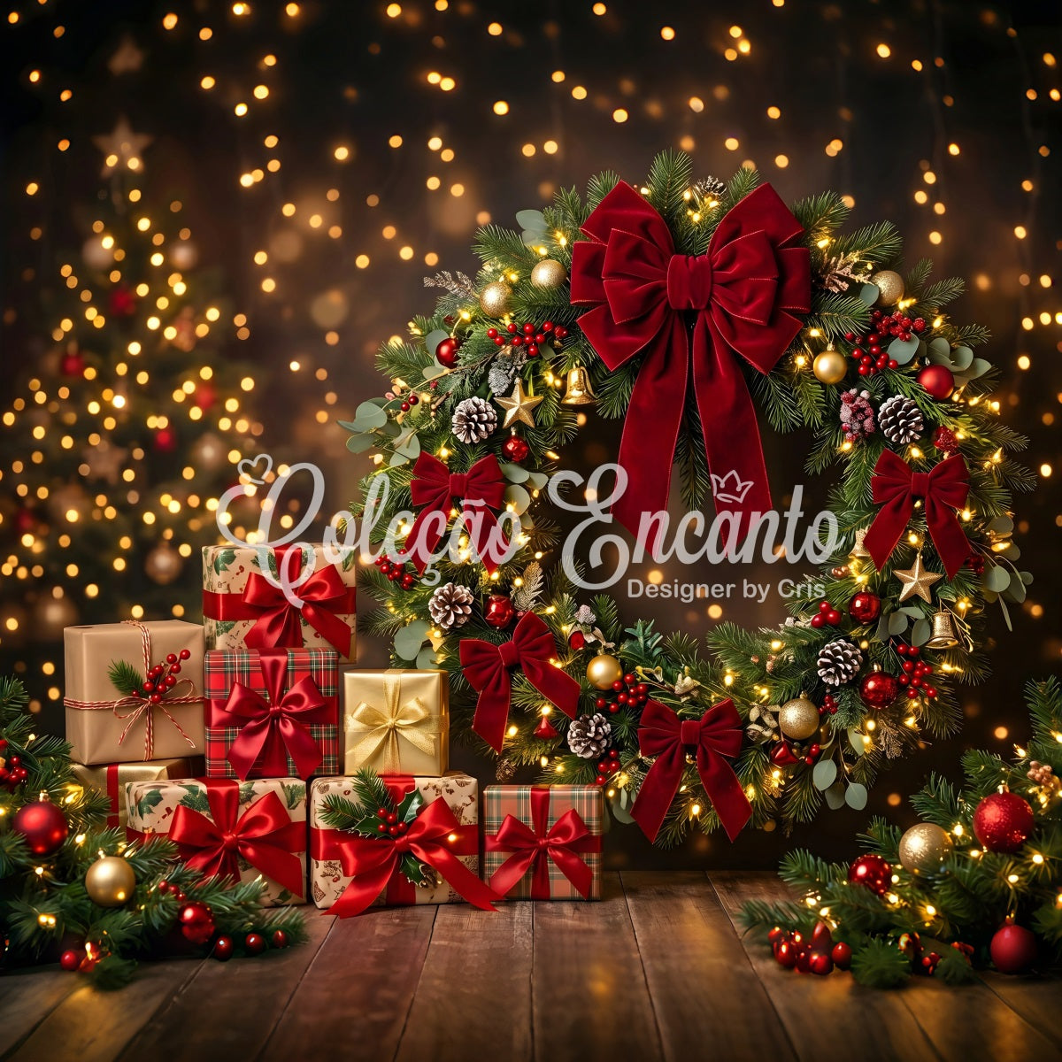 Photography Christmas Backdrop Red Bow Wreath Festive Gifts Christmas Backdrops For Pictures CEM65-143