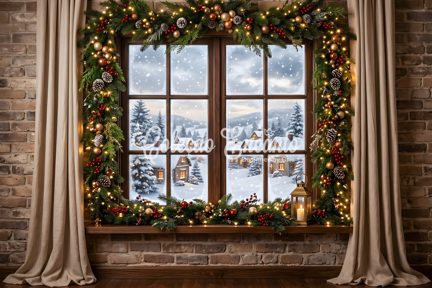 Christmas Snow Backdrop Snowy Village Window Garland Lantern Studio Backdrops Christmas Backdrop CEM65-144