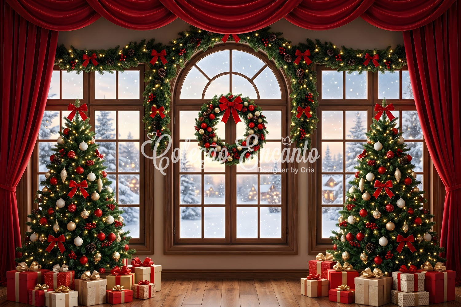 Red Christmas Backdrop Red Draped Window Wreath Trees Photography Christmas Backdrop CEM65-145